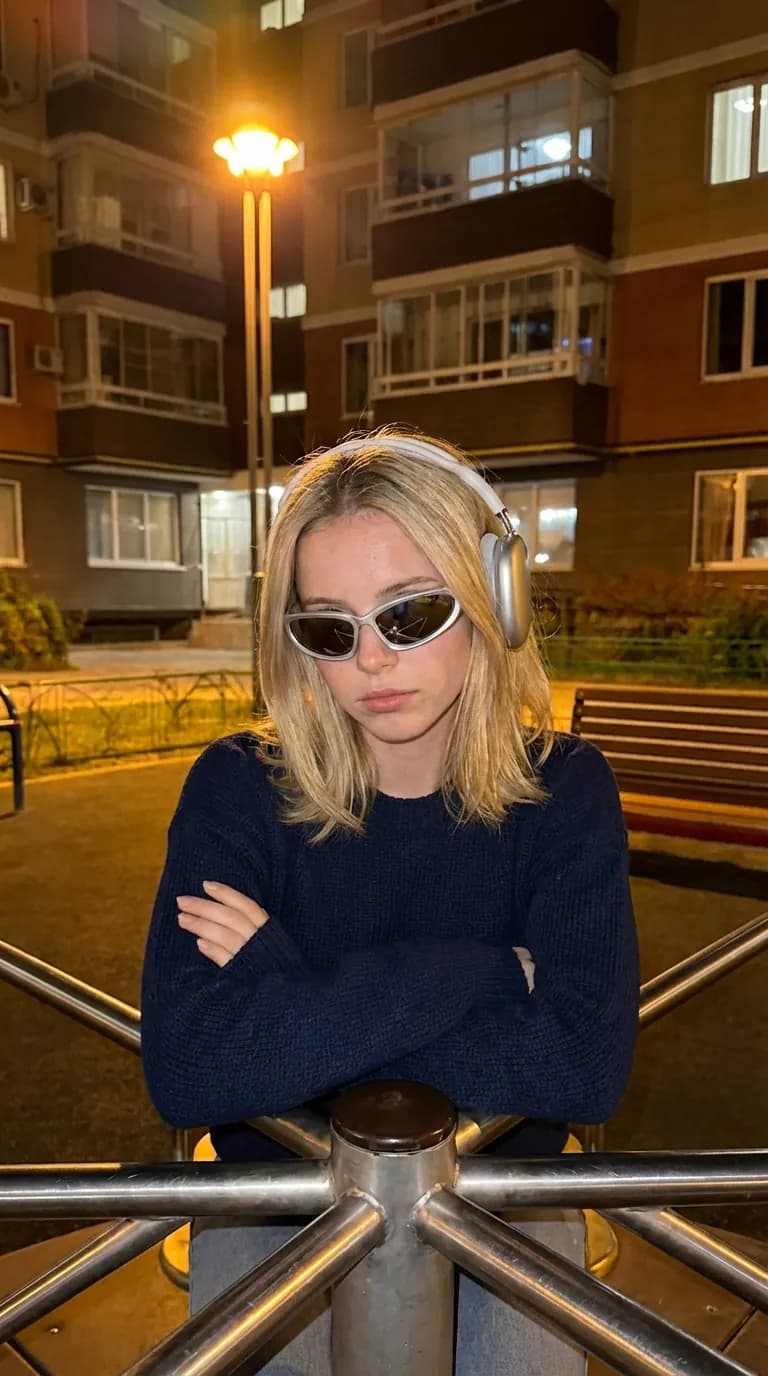 A woman with sunglasses on a city street at night