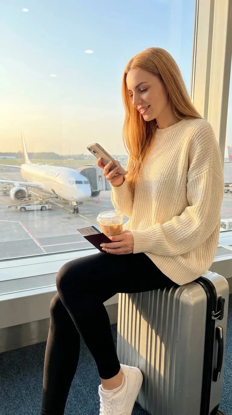 A woman on a suitcase at an airport gate