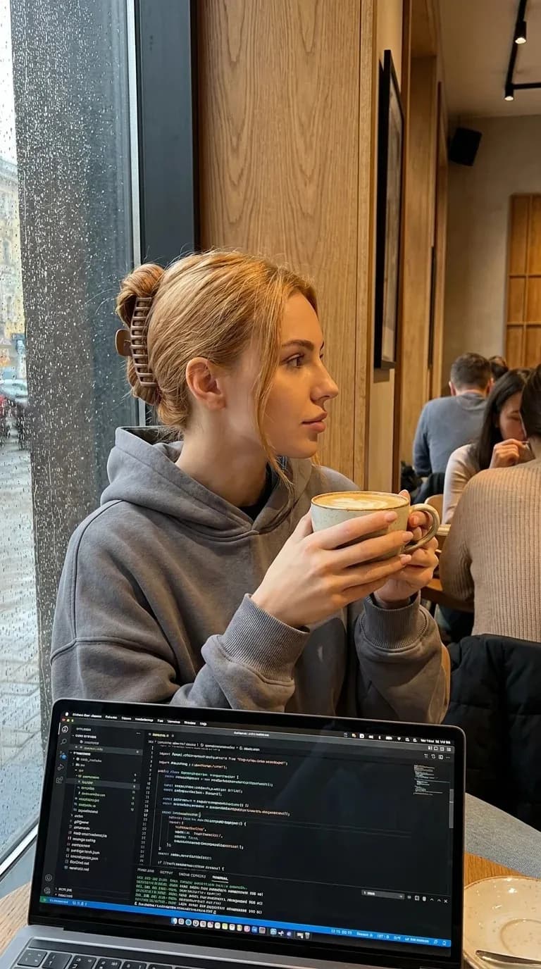 A woman with a latte at a coffee shop window, laptop open