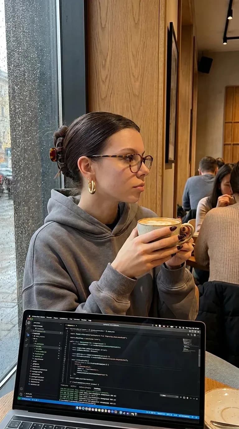 Freya with a latte at the same coffee shop window
