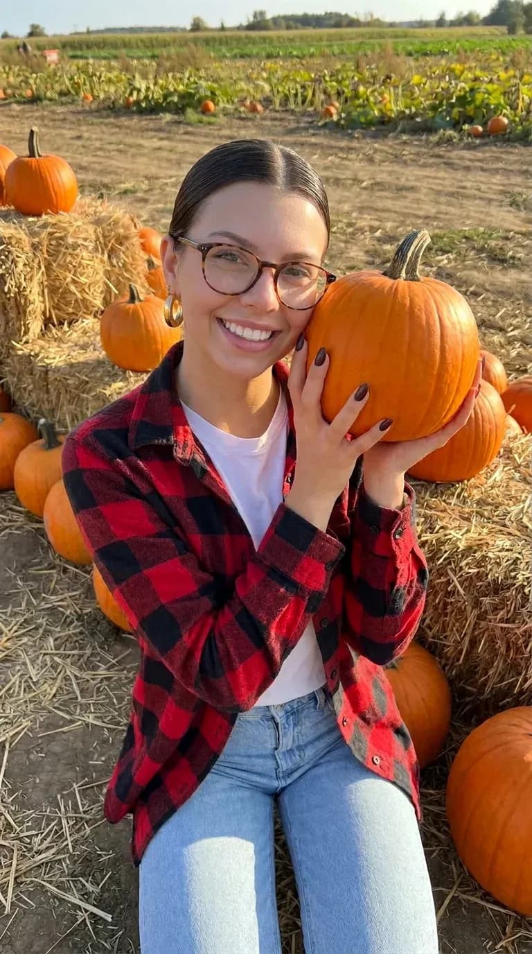 Freya holding a pumpkin in the same pumpkin patch