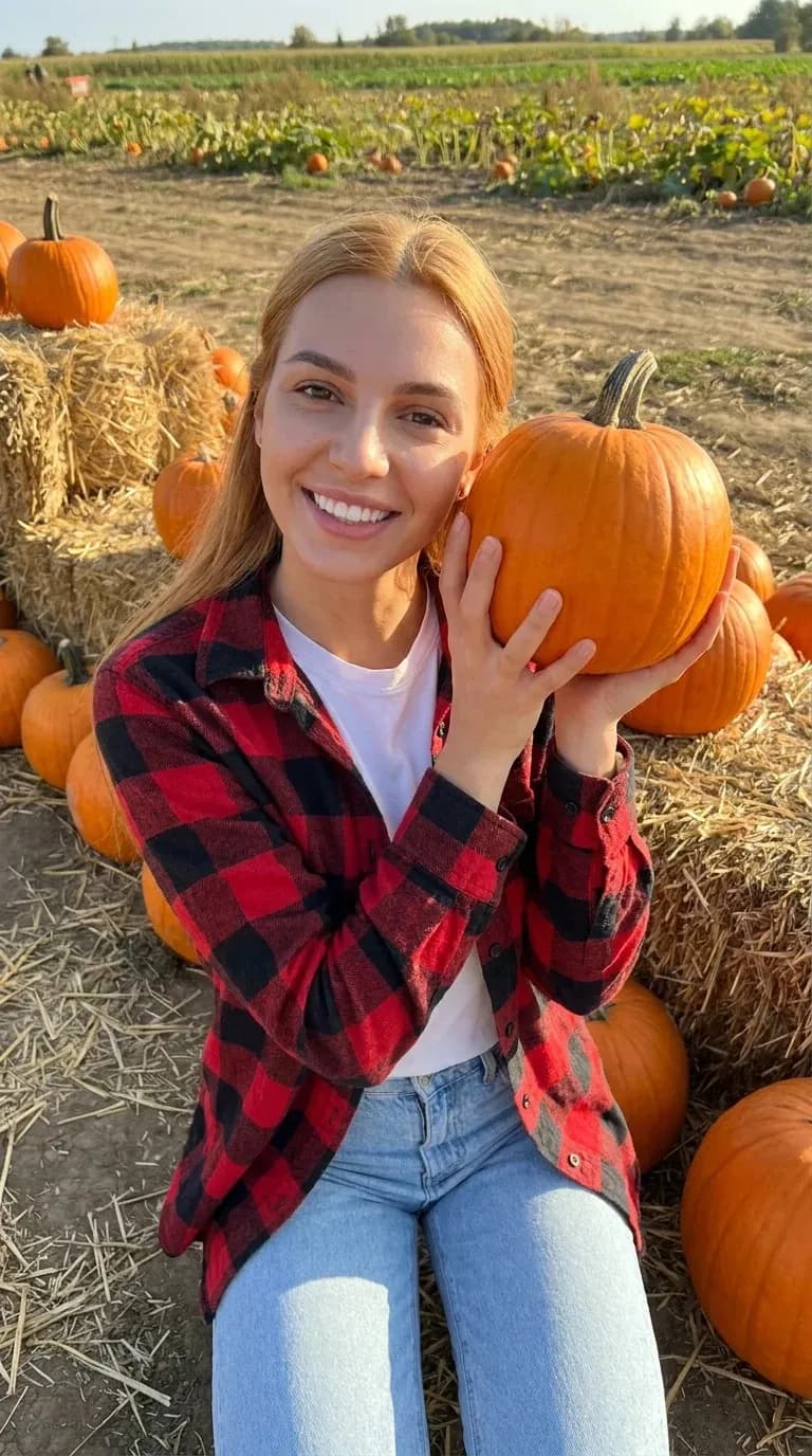 A woman holding a pumpkin in a pumpkin patch