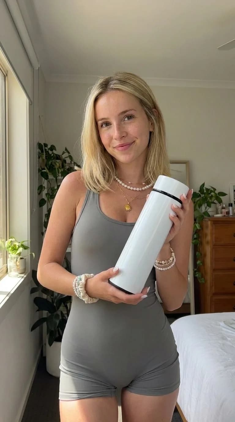 A woman holding a white bottle at home